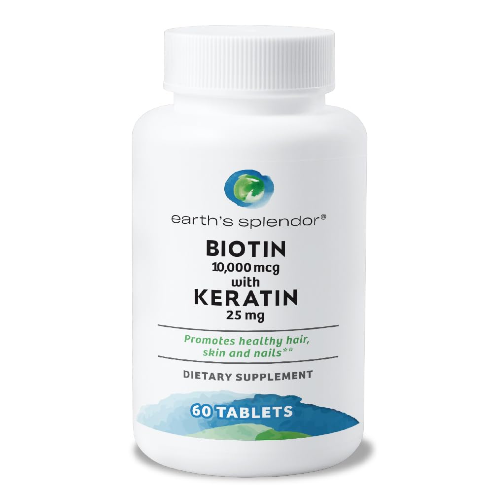 Země Splendor Biotin 10,000 mcg + Keratin 25mg, Promotes Zdravé vlasy, Silné nehty a kožní podpora, 60- denní zásobování