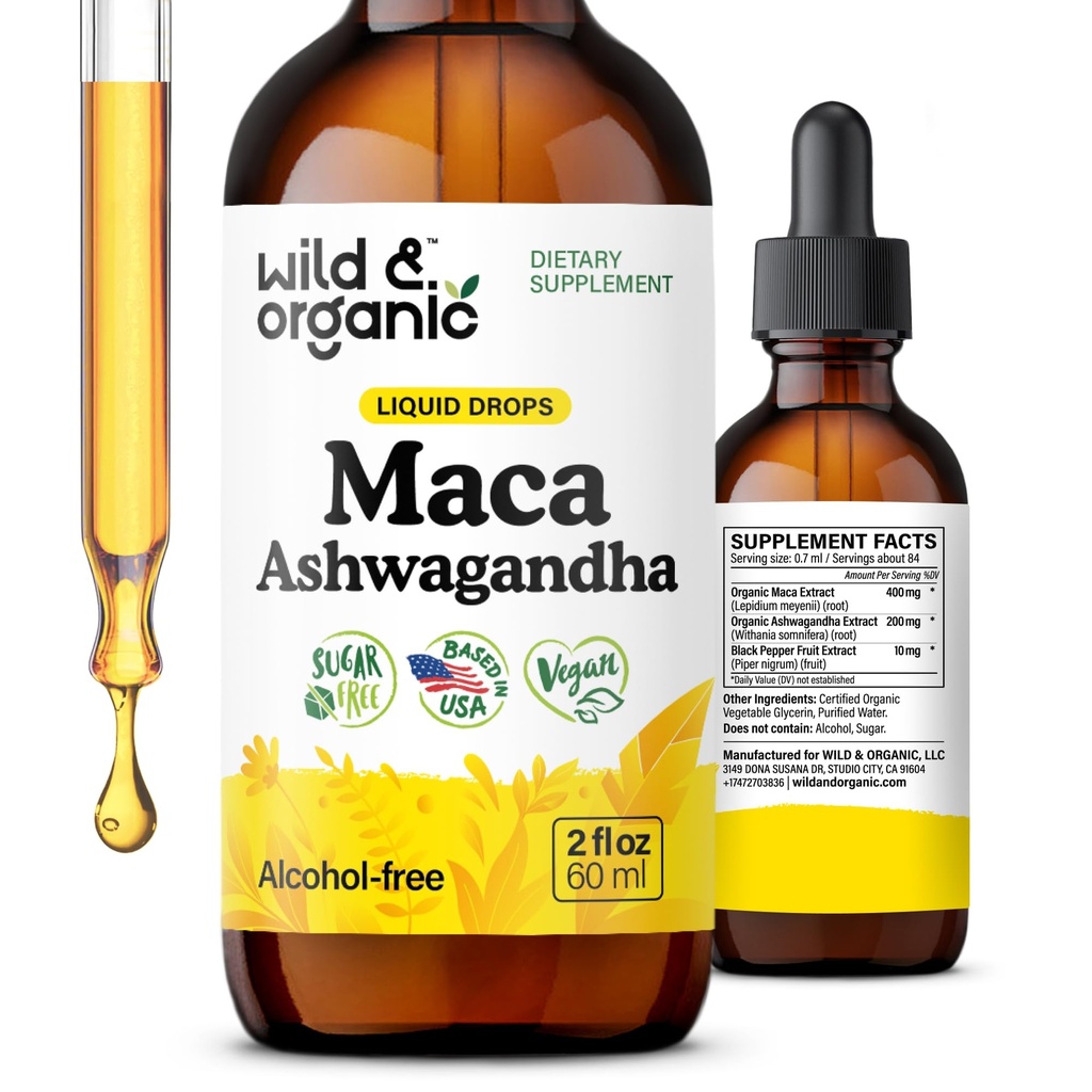 Wild & Organic Maca Ashwagandha Drops for Men and Women - Peruvian Maca Root and Ashwagandha tinktura pro celkovou podporu - Vegan, Cukr & Alkohol- Free Extract Supplement - 2 fl oz