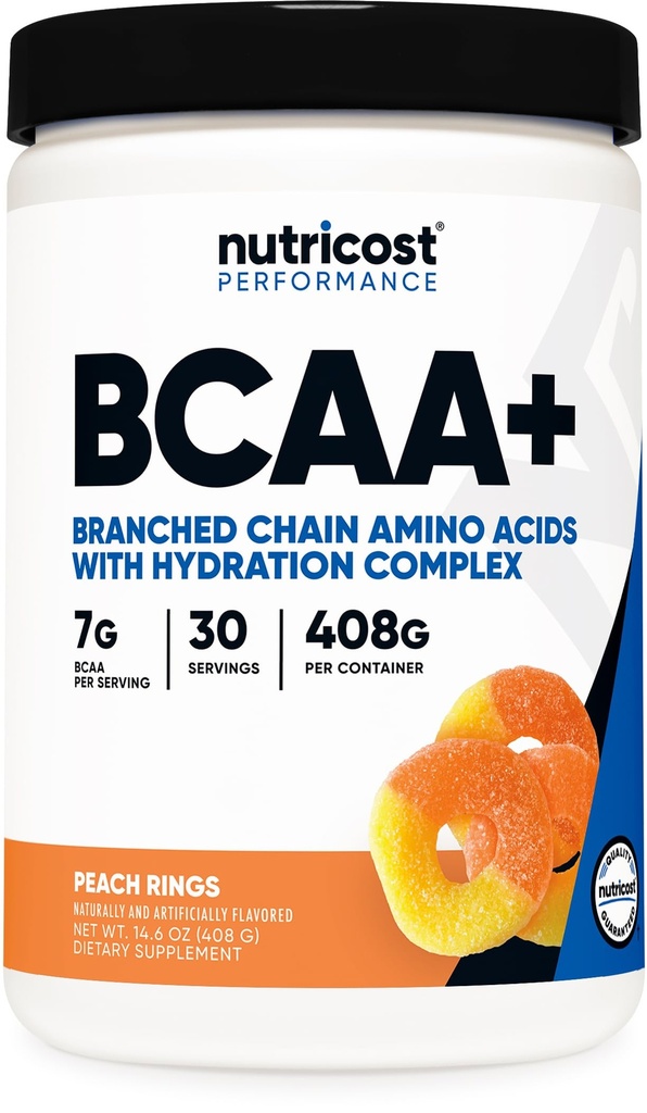 Nutricost BCAA + Hydration Powder (Peach Rings) 30 Servings - Branched Chain Amino Acids with Hydration Complex - Gluten- Free, Non- GMO