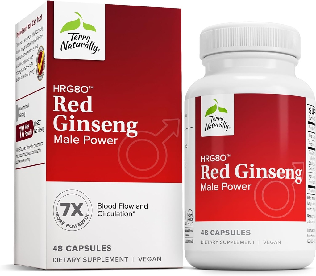 Terry Přirozeně HRG80 Red Ginseng Muž Power - Krevní oběh & Endurance Supplement - Dietní dodatek s ženšen & zinek - Bylinný dodatek pro energetickou podporu - 48 Kapsle