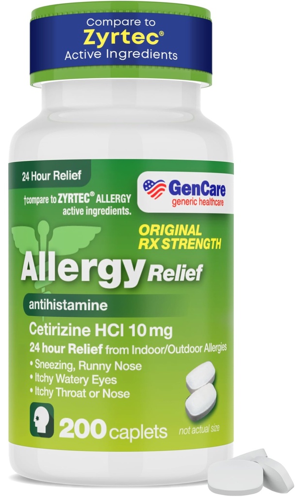 GenCare - Cetirizin HCL 10 mg (200 kapslí) - 24 hodinová antialergie Relief pilulky - Non Drowsy Genericky OTC alergie Medikace - Antihistaminika pro vyžírání, Runny Nose & Itchy Eyes - Generic Zyrtec
