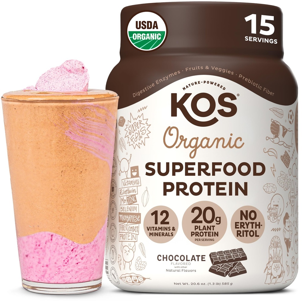 Kos Plant Based Protein Powder, Chocolate USDA Organic - Low Carb Pea Protein Blend, Vegan Superfood with Vitamins & Minerals - Keto, Soy, Dairy Free - Výměna jídla pro ženy a muže - 15 Služeb