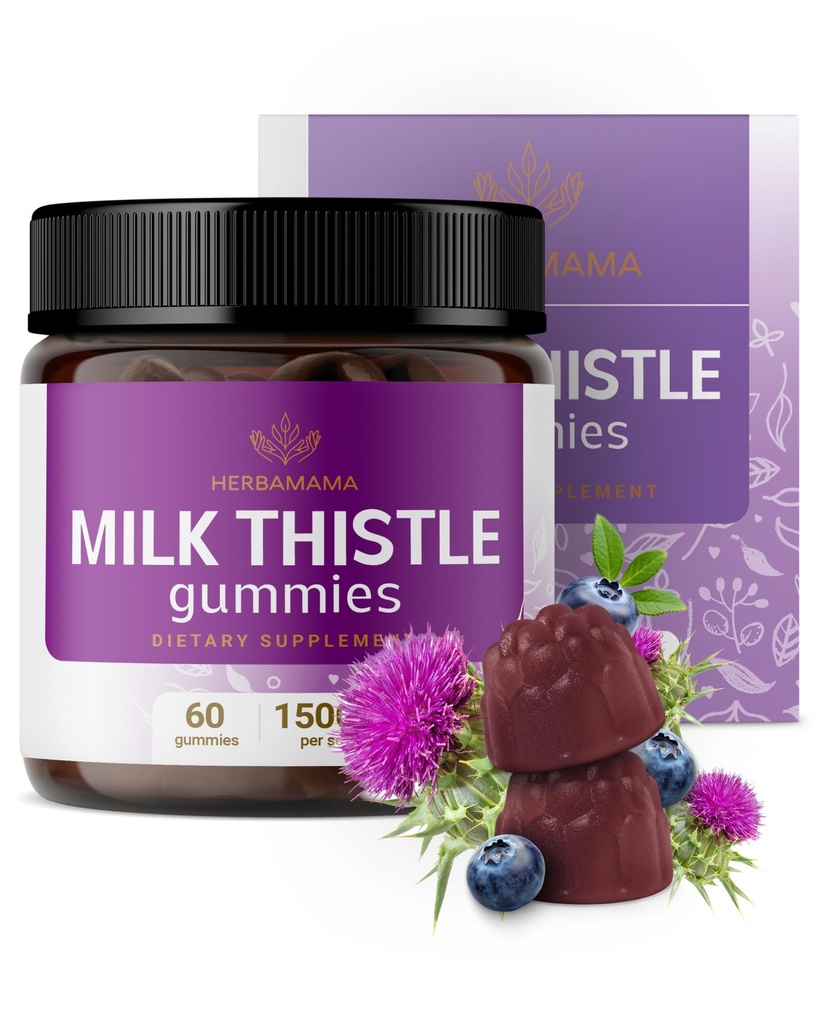 HERBAMAMA Mléko Thistle Dodatek - 1500mg Mléko Thistle Seed Gummies for Equipment Cleanse - Vegan, Non- GMO Podpora jater se Silybum Marianum - 60 Pectin- based Blueberry- Ochucené Chews