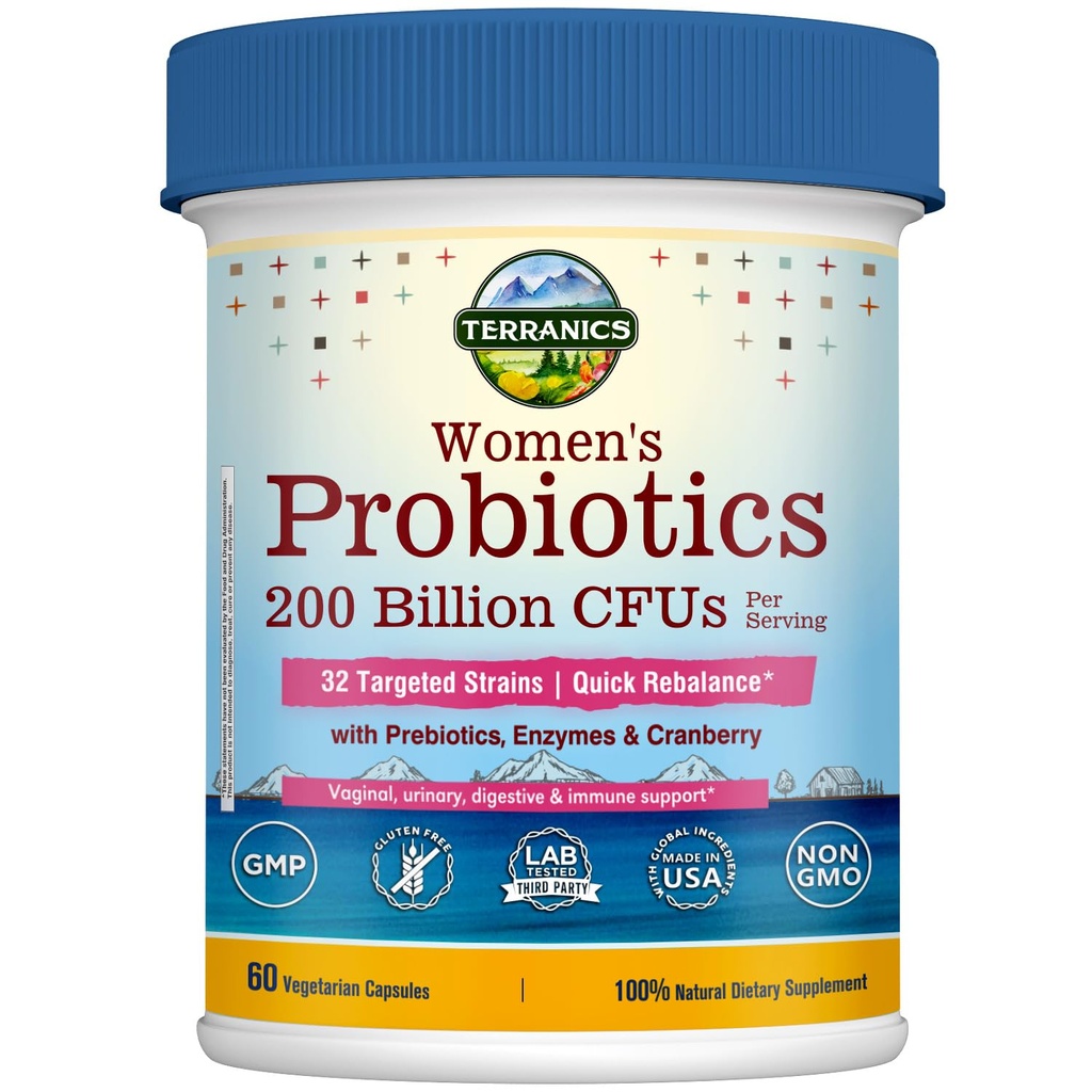 Terranics Daily Probiotics for Women, 200 miliard 32 Strains Womens Probiotics, with Cranberry, Prebiotics & Enzymes, Rebalance Vaginální Flora & pH, Zpožděné uvolnění, Stabilní, 60 Vegan Caps