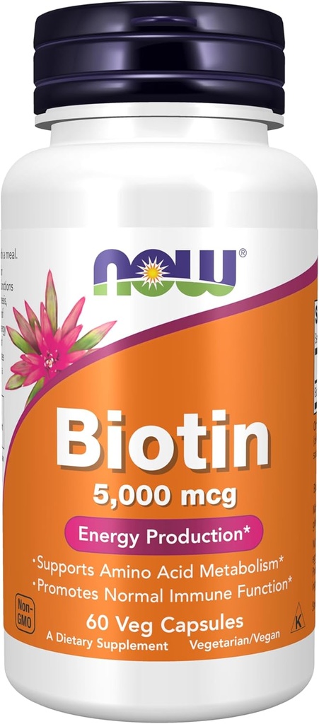 Nyní Potraviny Doplňky, Biotin 5000 mcg, Amino Acid Metabolismus *, Energy Production *, 60 Veg Kapsle