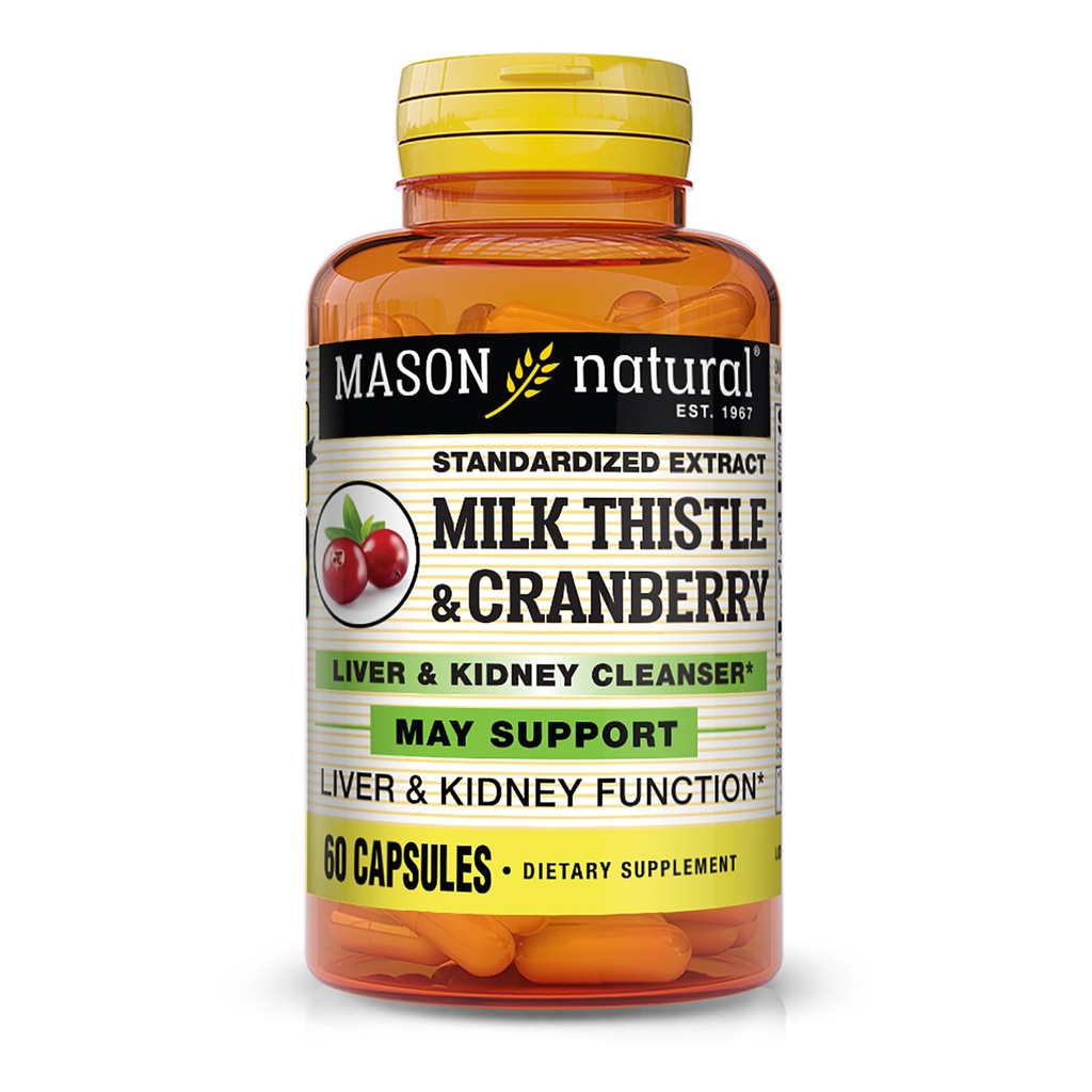 MASON NATURAL Mléko Thistle / Cranberry Játra & Ledviny Cleanser - Podporuje zdravé funkce jater & ledvin, čištění a detox, 60 Kapsle