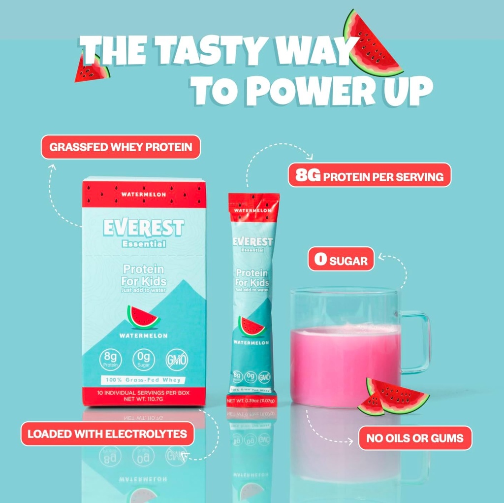 Everest Essential, Kid 's Clear Whey Protein Powder (Meloun, 10 Packets) Protein Drink Mix pro děti, Electrolytes for Kids, 8g Protein Per Serving, non GMO, Zero Add Sugar