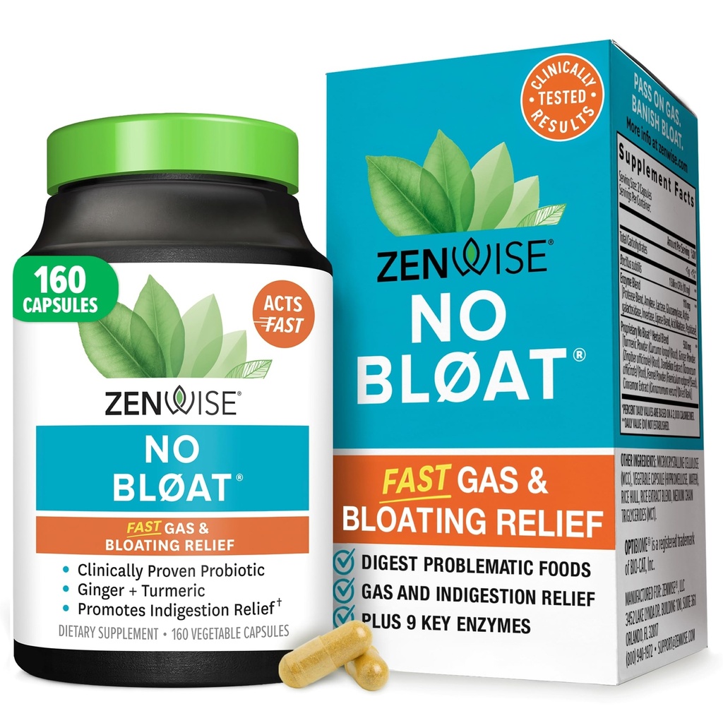 Zenwise Health No Bloat Digestive Enzymes for Gut Health, Gas & Bloating Relief - Multi Enzymes Digestion Dodatek s Probiotika, Ginger, Turmeric Dandelion & Lactase - Muži & Ženy - 160 Počet