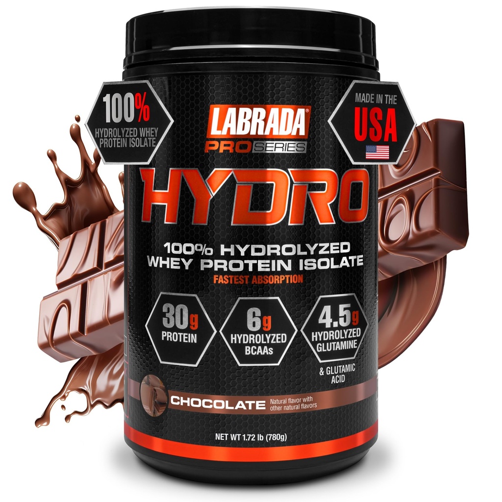 LABRADA Hydro 100% čistý hydrolyzovaný syrovátkový izolát prášek, laktóza zdarma, nejrychlejší trávení, okamžité míchání, Delicious Taste 20 Servings (Chocolate)