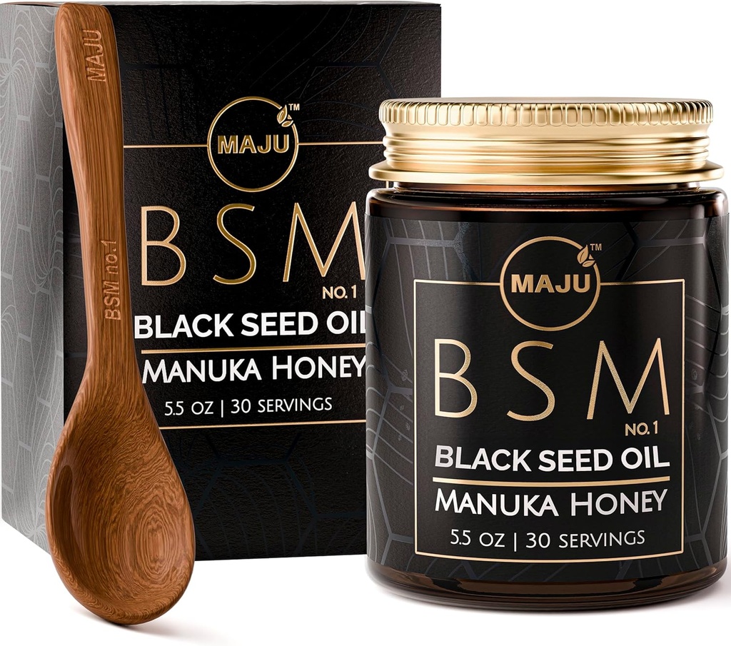 MAJU 's 3-in-1 Black Seed Oil, Manuka Med & Seeds (Traditional Style) BSM No. 1, Sweet & Crunchy Herbal Blend, Nigella Sativa Oil and Seeds, Unpasterised & Raw Monofloral Manuka Honey New Zealand