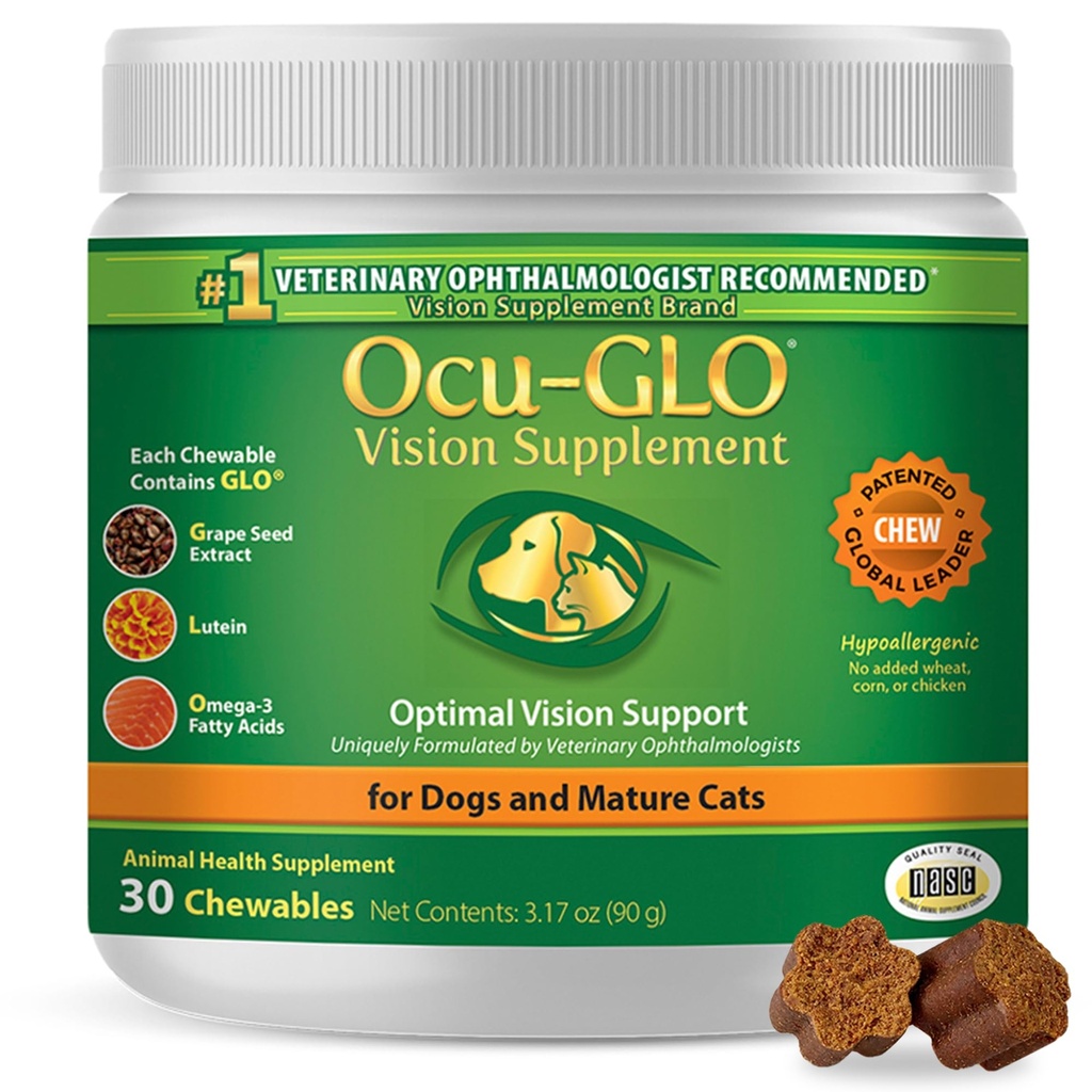 Ocu-GLO Cat & Dog Senior doplněk pro oční podporu - Žvýkací Vize Vitamíny Doplňky pro velké a malé Péče o zvířata s Luteinem, Omega-3 mastné kyseliny, Grape Seed Extract & Antioxidants