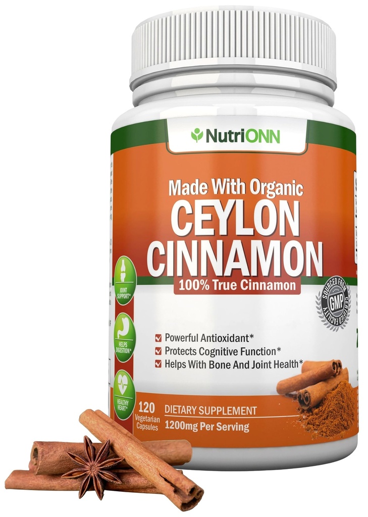 Organic Ceylon Skořice 1200 mg 1124; 120 Vegan Kapsle 124; True Cinnamomum verum ze Srí Lanky 124; Non- GMO, Third- Party Lab Tested, Low Coumarin, GMP Certified
