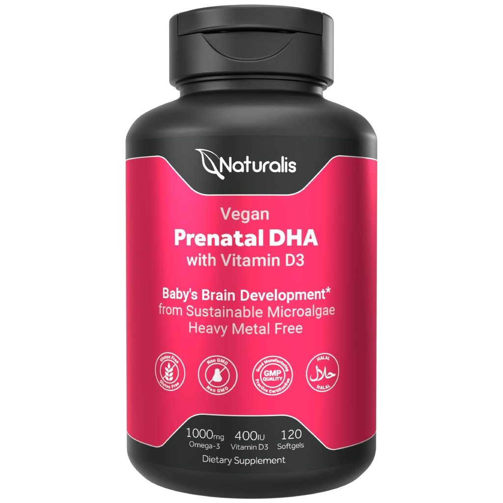 Naturalis Vegan Prenatal s Full Specrum Omega33 PHARMAN 124; Řasy DHA, EPA, DPA, Vitamin D3 & Active Folic L 5-MTHF PHARMAN 124; Vegan Society Certified, Udržitelně sourced, Non-GMO & Soy Free PHARMAN 124; 120 Veggie Softgels