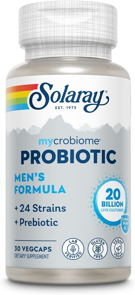 SOLARAY Mycrobiome Probiotická mužská formule, Probiotika pro muže, Gut Health, Digestion, imunitní funkce & More, 20 miliard CFU Mens Probiotic, 24 Strains Plus Prebiotic, 30 Servings, 30 VegCaps