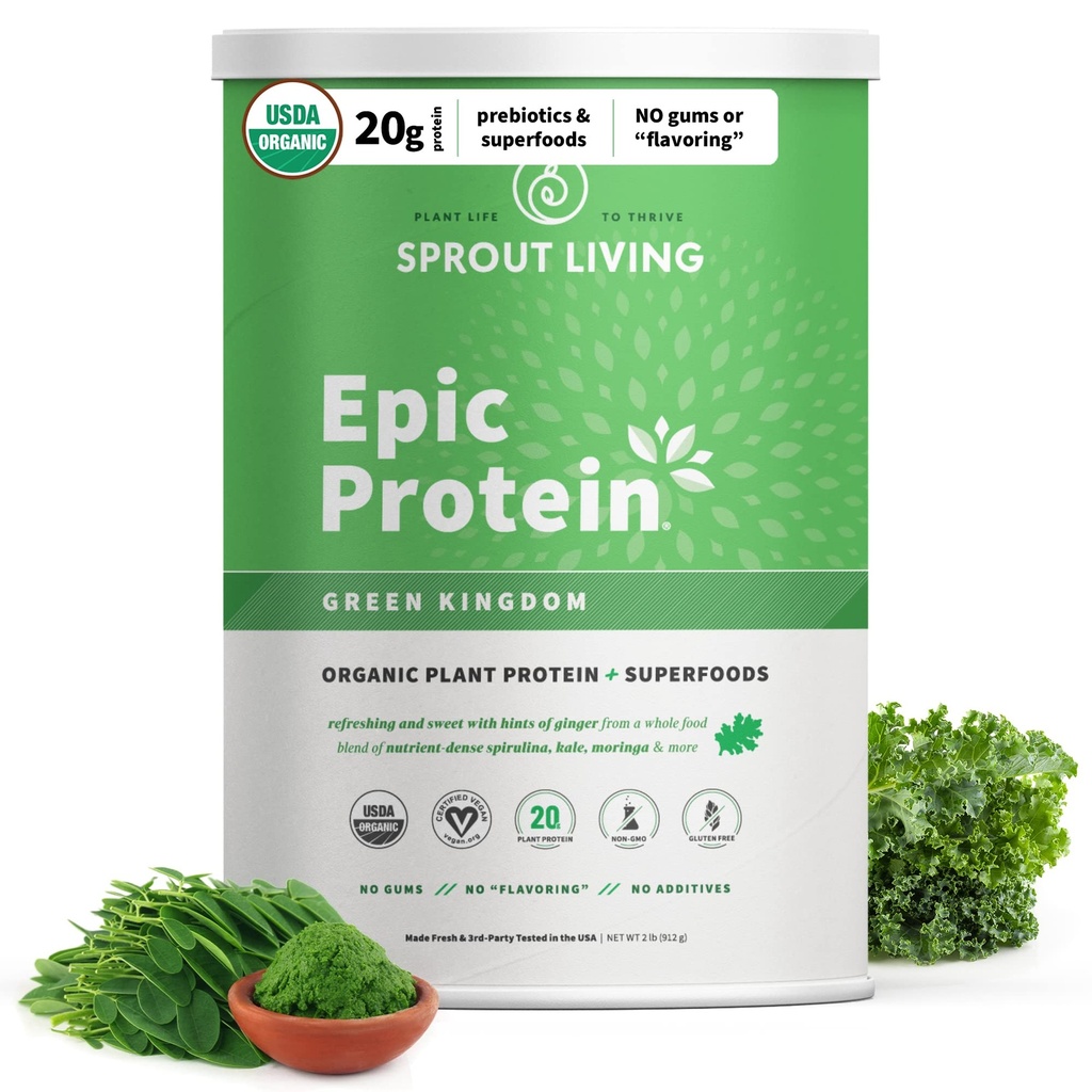 Sprout Living Epic Protein, Plant Based Protein & Superfoods Powder, Green Kingdom IR 124; 20 Grams Organic Protein Powder, Green, Vegan, Non-GMO, Gluten Free, Nízký cukr (2 litry, 24 Serving)