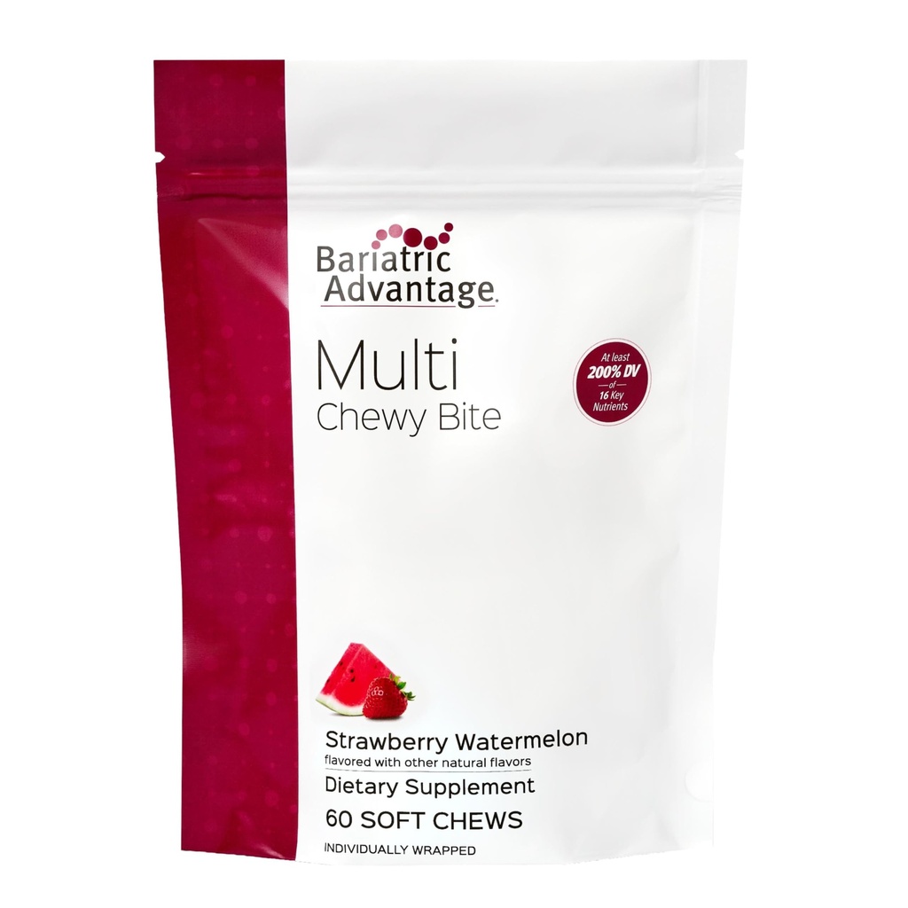 Bariatrická výhoda Multi Chewy Bite - měkký Chew Multivitamin pro bariatrické chirurgie Pacienti - Žvýkací Multivitamin s kyselinou listovou, Vitamin D3 & Více - Jahodové melounové Flavor - 60 Počet