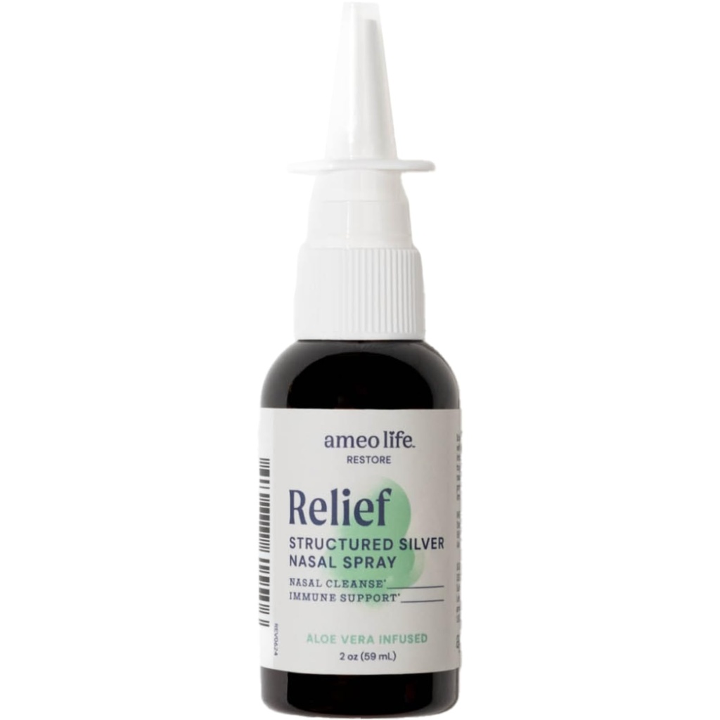Ameo Life Aloe- Infuzní koloidní stříbro Nasal Spray 24 PPM - Nos Spray s přírodními přísadami pro uklidnění Nasal Congestion, Sinus Congestion, Mucus, & Irritation - pro denní použití (2 oz)