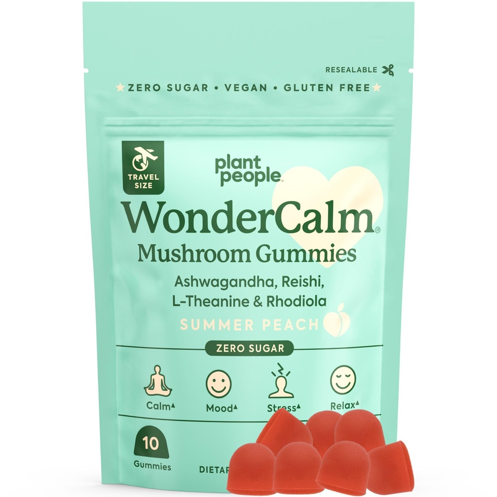 Plant People WonderCalm Mushroom Gummies - Přírodní Ashwagandha dodatek k Ease Stress & Boost Mood pro dospělé bez cukru, gluten nebo umělé barvy, Vegan- Friendly, Peach Flavor (Zkušební velikost)