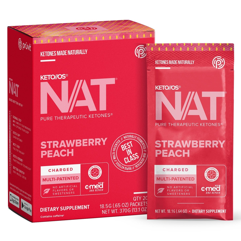 Pruvit - Keto / / OS NAT - Strawberry Peach Charged Drink Mix s C-Med 100, L-Taurin, Vitamíny B6 & B12, Ketonový dodatek - 18.5g