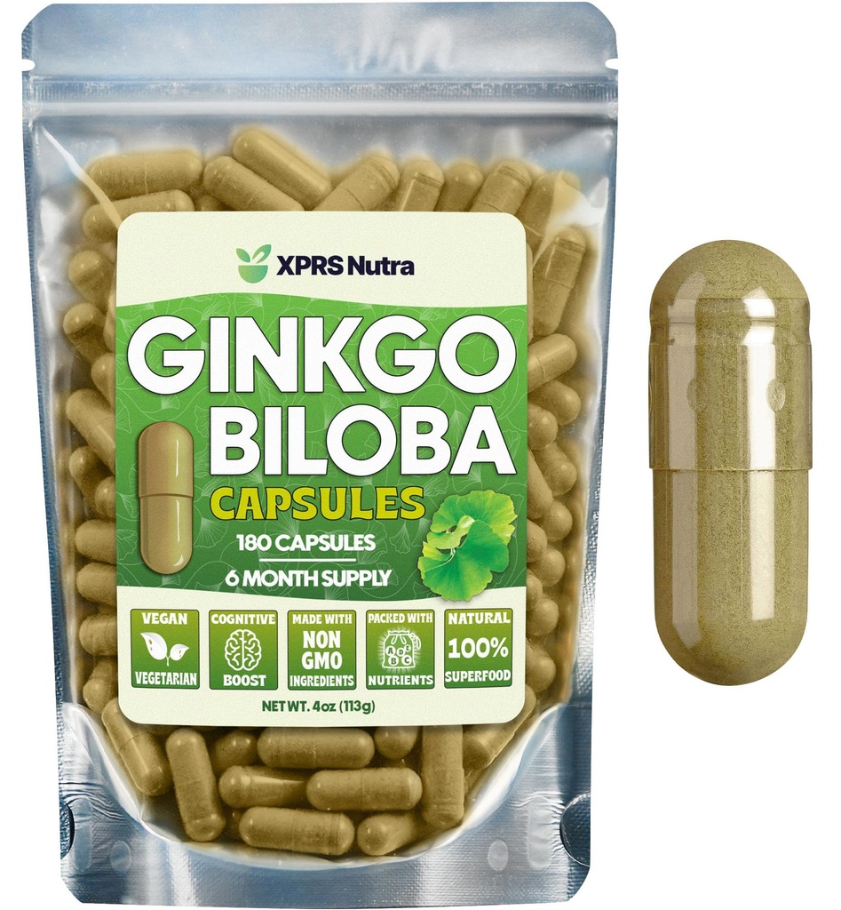 XPRS Nutra Ginkgo Biloba Kapsle - Gingko Biloba Enkapsulated Supplements for Cognition - Vegan Friendly Ginkoba Biloba - Imunity Boosting Ginkgo Biloba Kapsle - 180 Počet