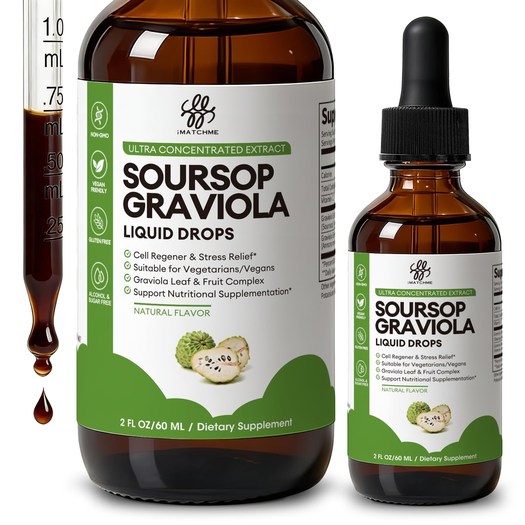 iMATCHME Soursop Graviola Liquid Drop for Cell Support & Regeneration, Imunitation System and Gut Health Support, Pure Soursop Bitters Liquid, High Absorption, Cukr / gluten Free, Natural Flavor, 2 Fl Oz