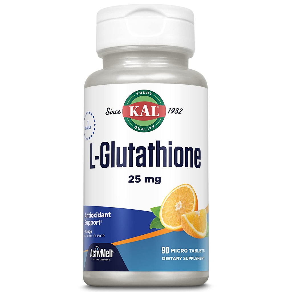 KAL L- Glutathione, Reduced Glutathione Supplement, High Absorption Antioxidant, Orange Flavor Instant Disolve ActiviMelt, Vegetarian, Laboratoř ověřené, 90 Služeb, 90 Mikro Tablety