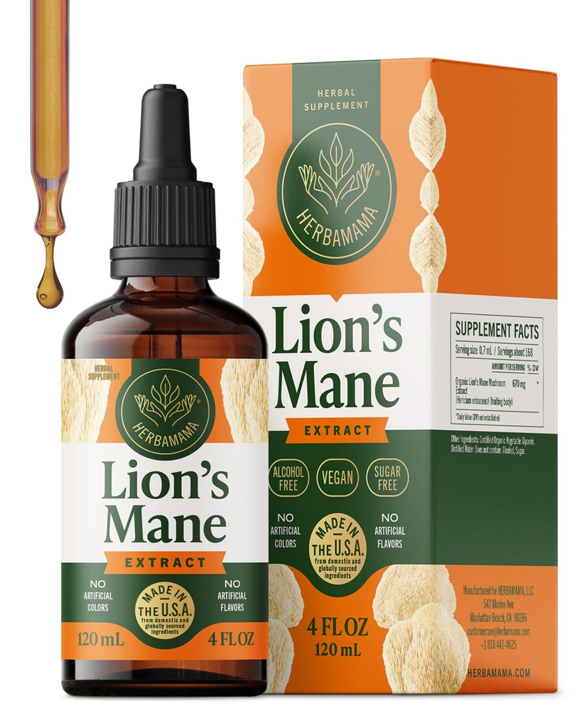 HERBAMAMA Lions Mane Tincture - Vegan Focus & Nerve Support with Lion 's Mane Mushroom Extract - Hericium Erinaceus Brain Supplement - Non- GMO, Alkohol & Sugar- Free - 84- Day Supply