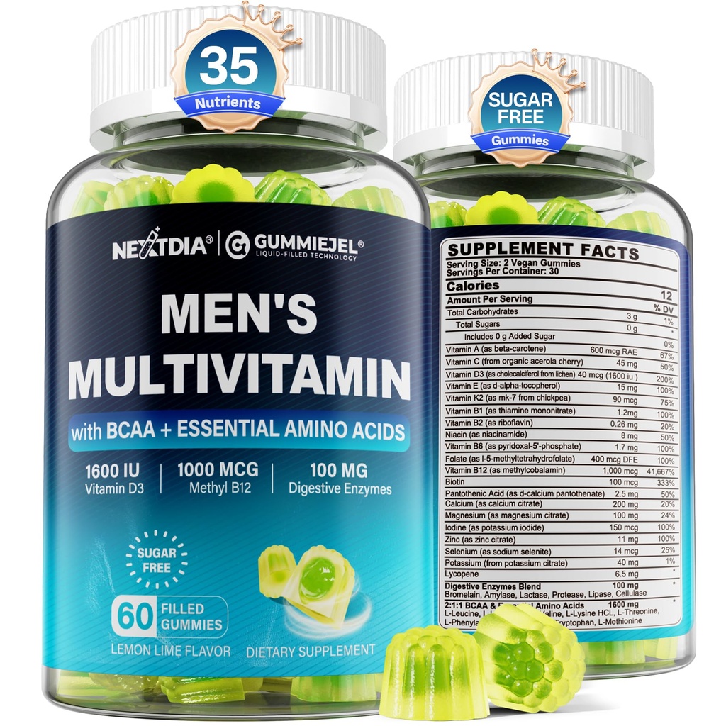 Methylovaný multivitamin pro muže Gummie, BCAA aminokyseliny, zinek, denní vitamin A C D3 E K2 B komplex, vápník, hořčík, lykopen, trávicí enzymy - Energie, imunitní, Muscle - cukr zdarma, Vegan, 60Cts