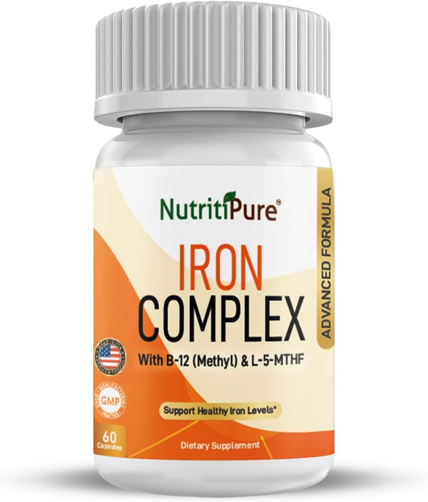 Komplex železa, kompletní krevní budova Železné Vegetariánské kapsle s non- constipating Carbonyl Iron, Quatrefolik, B12, B6 & Vitamin C, pro ženy a muže (60 čepice)