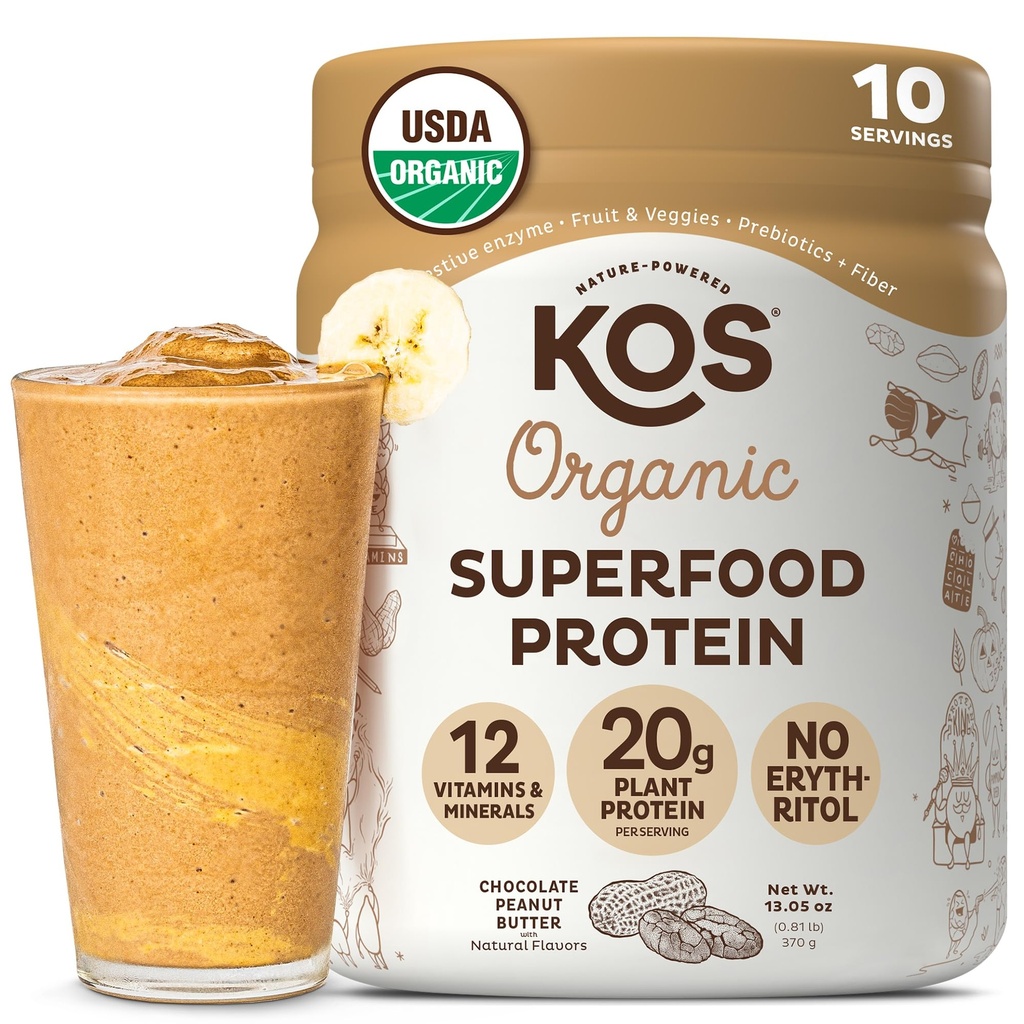 Kos Vegan Protein Powder, Čokoládové arašídové máslo - Nízké krmné pečivo, USDA Organic Superfood s vitamíny a minerály - Keto, Soy, mléčné výrobky zdarma - strava náhrada pro ženy a muže - 10 Služeb