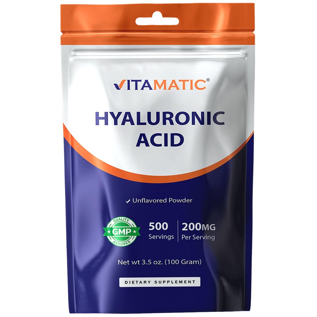 Vitamatic Hyaluronic Acid Powder 200mg - Podporuje zdravé spojovací tkáně a klouby - Podpora mladistvé zdravé kůže - 100 Gram