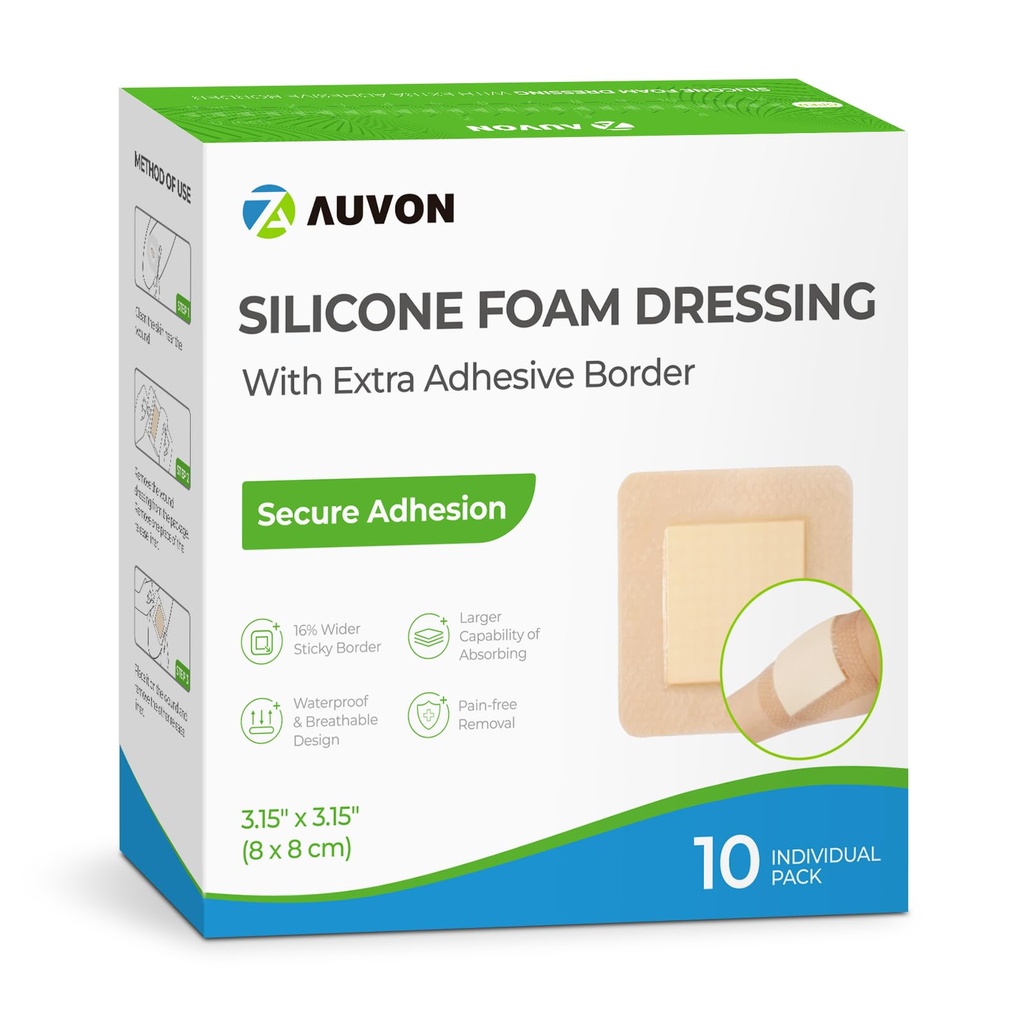 AUVON Silikonový pěnový dresing s velkou přilnavou hranou, 3 "x 3" 10 Packs Wound dressing bandáž s vysokou absorbencí, vodotěsný silikonový foam Pads pro péči o rány a ochranu Plus Cushioning