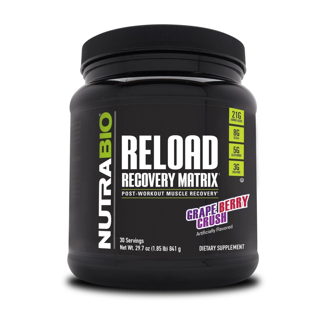 NutraBio Reload - Výkonné Muskulárně Recovery Formule - Post- Workout Dodatek - 3G Creatine - 8G BCAA - 5G glutamin - 30 Služeb, Grape Berry Crush