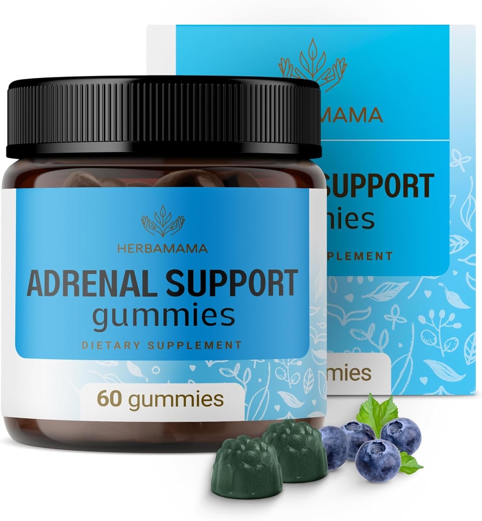 HERBAMAMA Adrenal Support Gummies - Pure Adrenal Complex Dodatek pro ženy s Ashwagandha Root, Rhodiola Rosea & Magnesium - Vegan, Non- GMO - 60 Pectin- based Blueberry- ochucené Chews