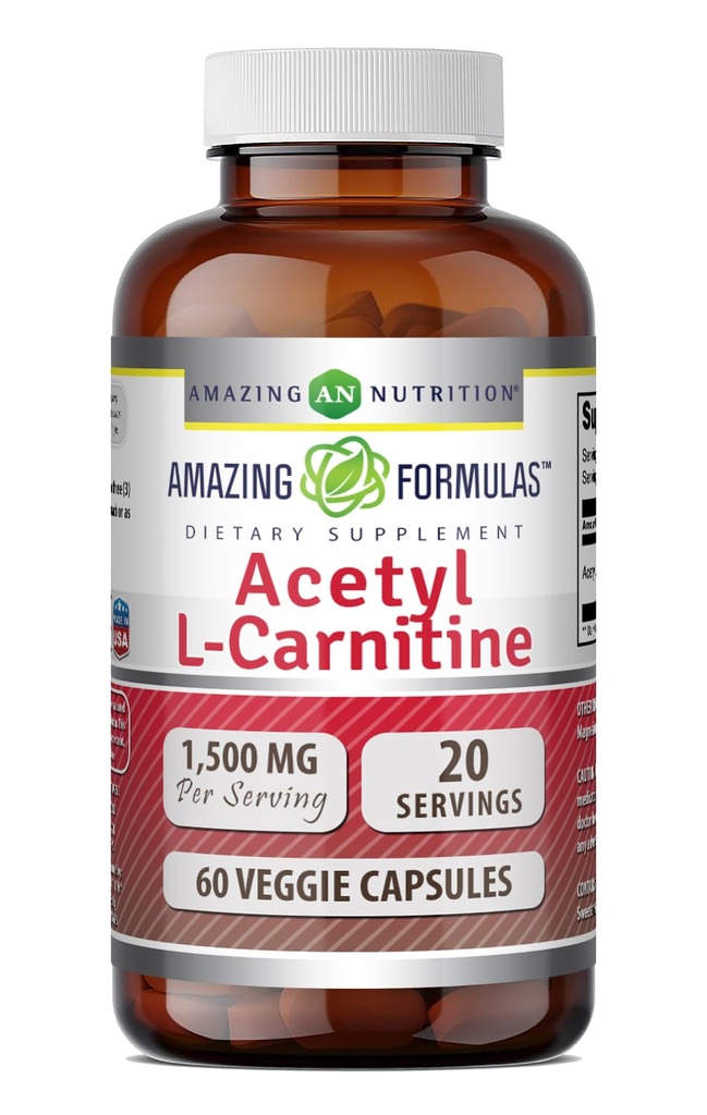 Amazing Applicas Acetyl L- Carnitin Hcl Veggie Dietní dodatek - 500 Mg, Veggie Kapsle (non GMO, gluten zdarma) per Bottle - Promotes Energy Production & Cognitive Function (60 Počet)