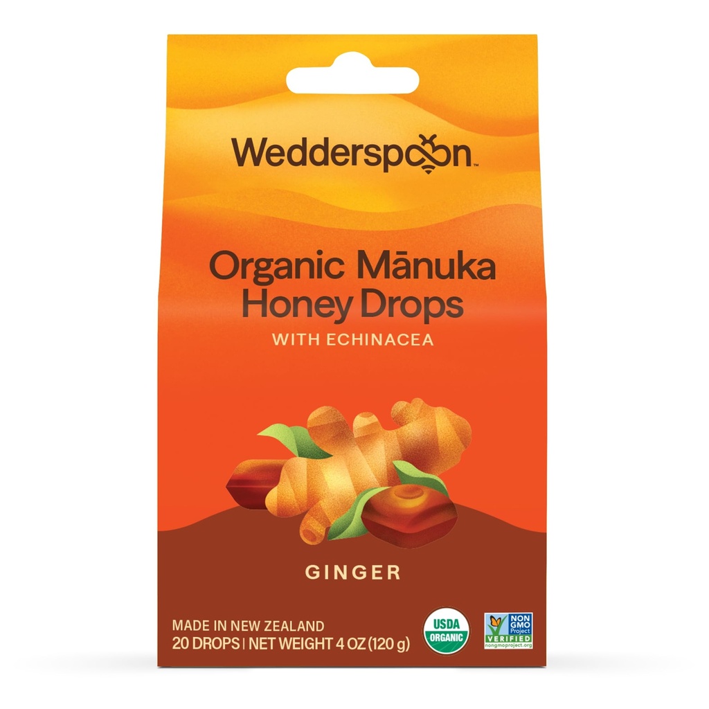 Wedderspoon Organic Manuka Honey Drops, Ginger & Echinacea, 20 Count (balení po 1) 124; Genuine New Zealand Honey OF 124; Perfect Remedy for Dry throats