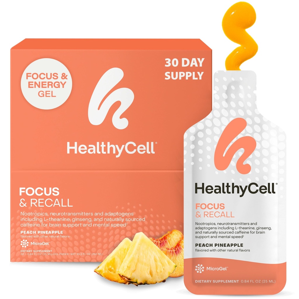 Healthycell Focus & Recall, Daily Liquid Brain Supplement for Focus & Memory - Nootropics Supplement for Concentration & Alerness with L- Theanine, Omega33 & Taurin - 30 Gelových balíčků