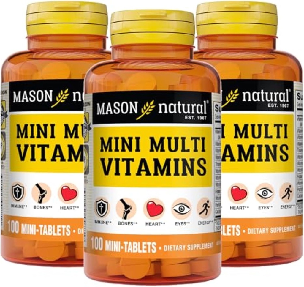 MASON NATURAL Mini Vitamíny, Vitamíny A, C, D3, E, B1, B2, B3, B6, B12, Folát a vápník pro celkové zdraví, 300 denní dodávka