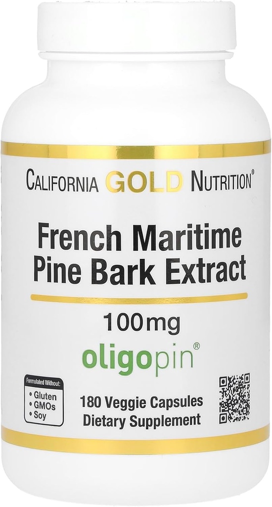 California Gold Nutrition Pine Bark Extract, French Maritime, Oligopin, Antioxidant Polyfenol, 100 mg, 180 Veggie Kapsle