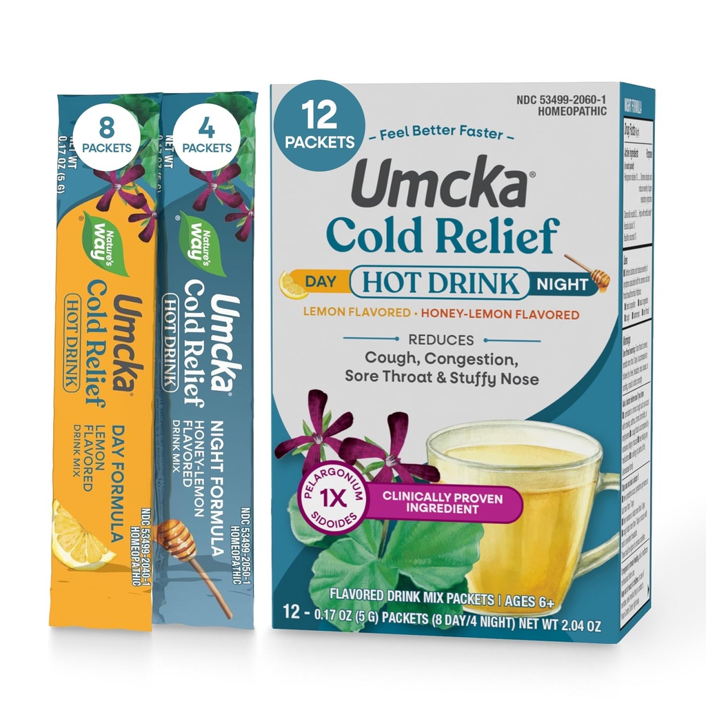 Nature 's Way Cold Relief Hot Drink, Umcka, Homeopatická, Klinicky osvědčený Pelargonium Sidoides 1X, for Cough, Congestion, Sore throat, Stuffy Nose, Day & Night Formule, 12 Packets (Balení květen Vary)