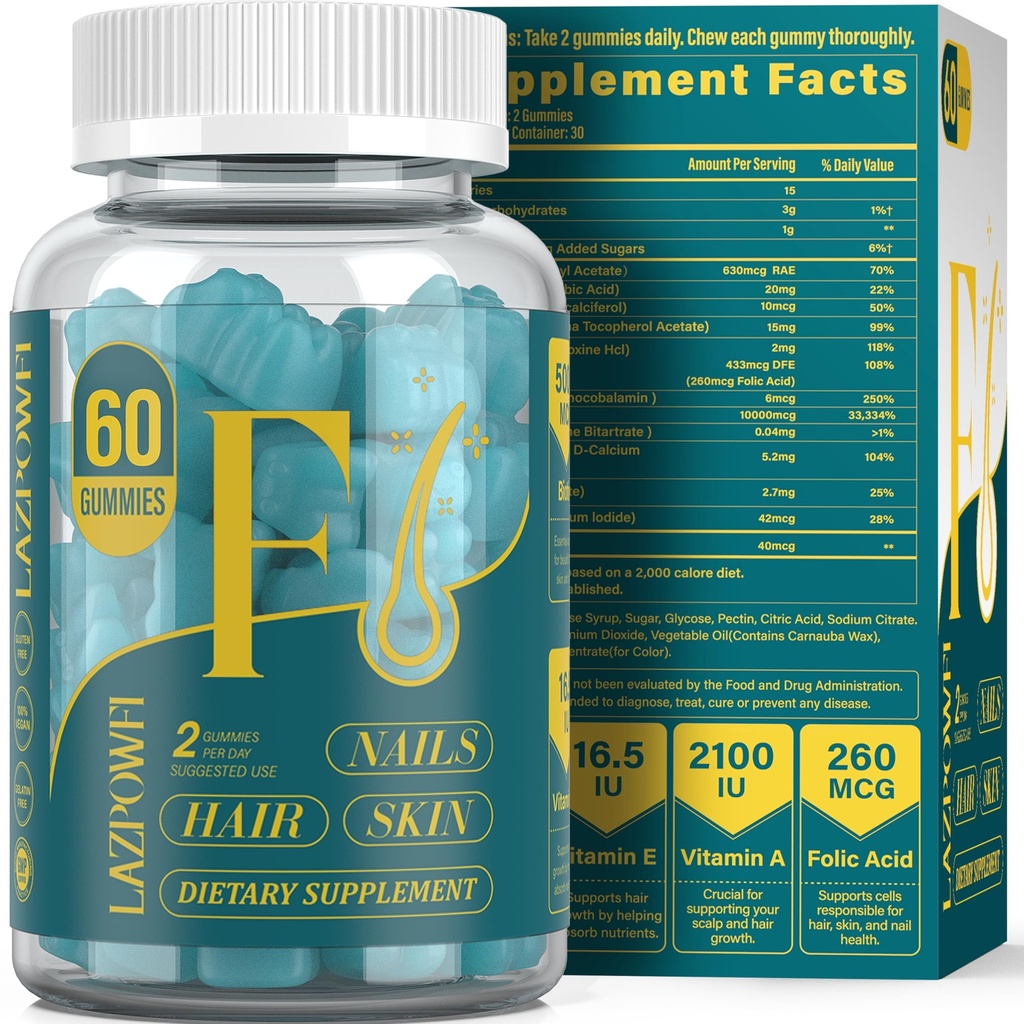 Biotin Gummies - Vlasy Kůže a nehty Vitamíny pro muže a ženy, Vegan Vitamin B7, Podporuje růst vlasů a silnější nehty, 30 Den Dodávka - Blueberry-60 Počítá