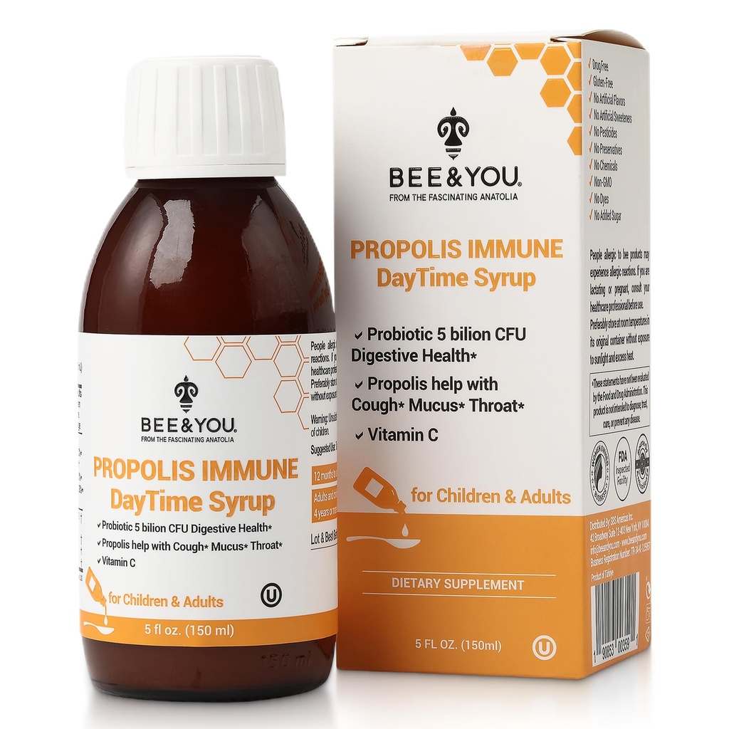 Bee a vy Propolis imunitní den Syrup s probiotický, vitamín C, imunitní podpora, stravitelné zdraví, antioxidanty, Gut zdraví 5 Fl Oz