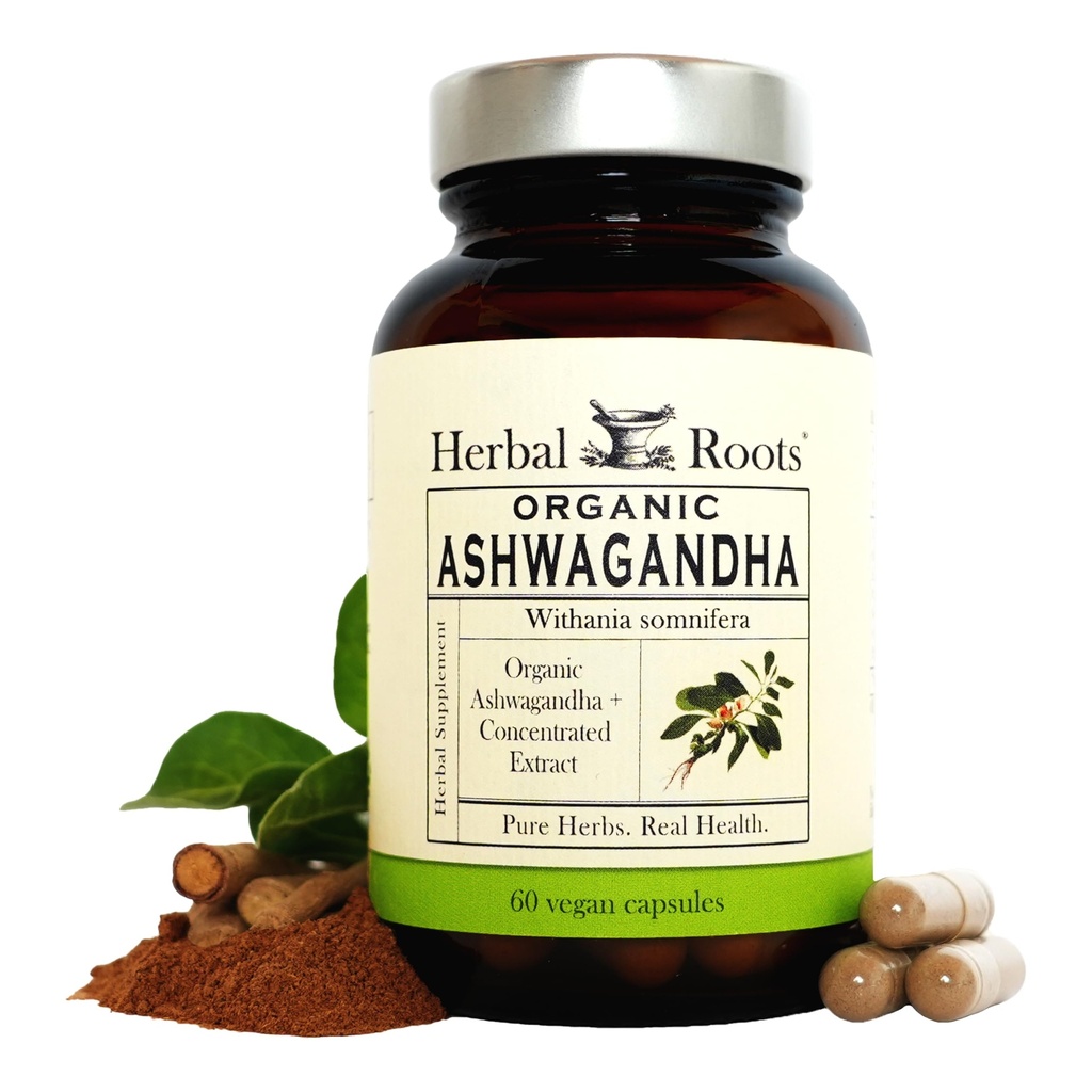 Herbal Roots Ashwagandha Kapsle 124; Extra Strength 1,000mg per Serving Caps124; Ayurvedic pro celkové zdraví mužů a žen 124; 60 Vegan Kapsle