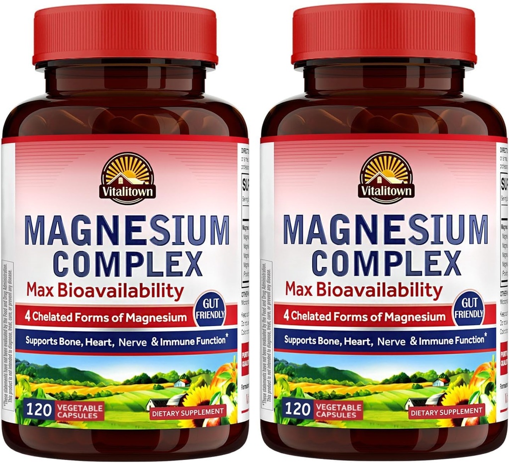 Vitalitown Magnesium Complex 2 Balení, 240 Kapsle, NSF Certified Magnesium Glycinát, Malate, Taurát & Citrát, Chelated Forms, High Absorpce, Kost, Srdce, Spánek & Digestion