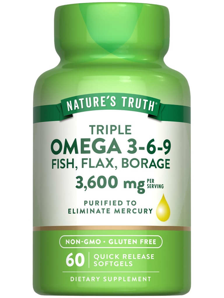 Nature 's Truth Triple Omega 3-6-9 Softgels CLAS124; 3600mg CLAS124; 60 Count CLAS124; Fish, Flax, Brutální oleje CLAS124; Non- GMO & gluten zdarma