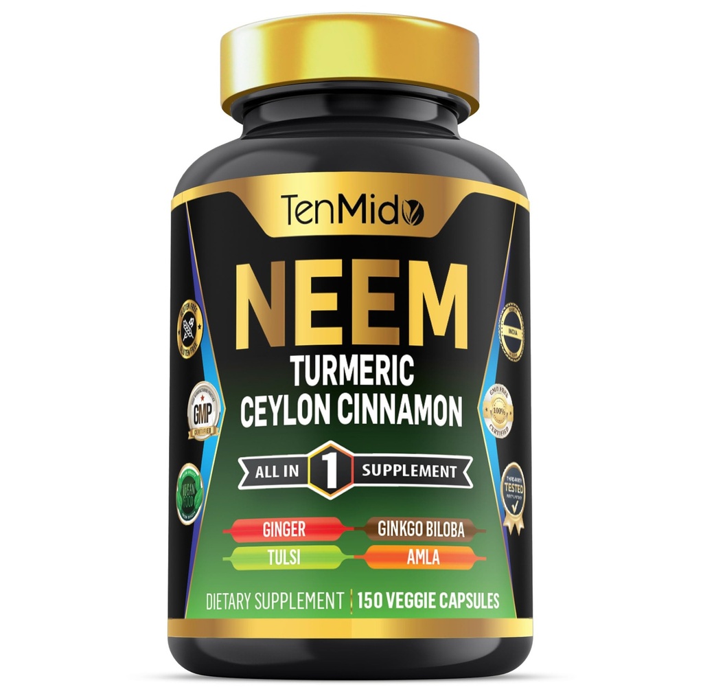 Neem Leaf dodatek - 8in1 Formule - Kombinace s kurkuma, Ceylon Skořice, Zázvor, Tulsi, Ginkgo Biloba, Amla, a Black Pepper - Imunitní podpora zdraví - 150 Vegan Kapsle