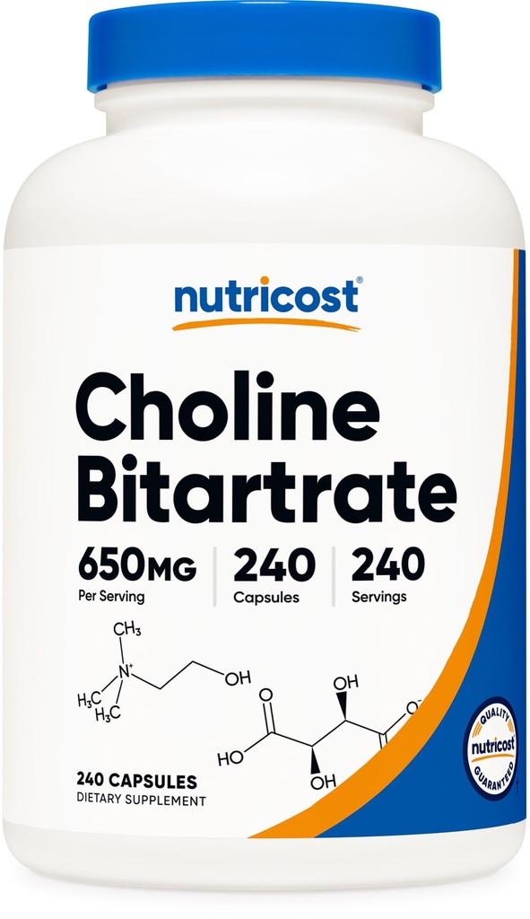 Nutricost Choline Bitartate 650mg, 240 Vegetariánských kapslí - Non- GMO, Vegetariánské Friendly, Gluten Free