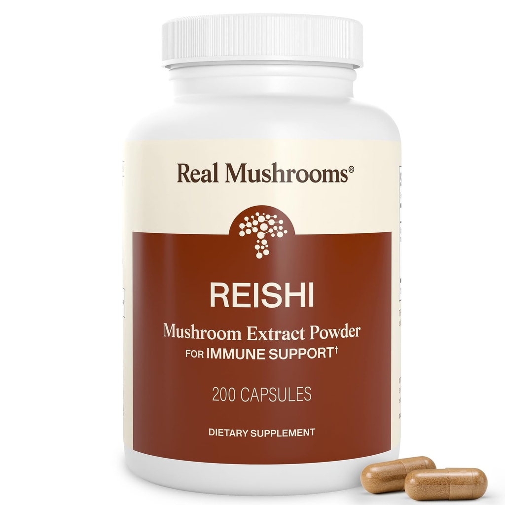 Real Houby Reishi Houba Kapsle - Ručně sebrané organické houby Extrakty - Red Reishi pro klidné denní Wellness s ověřenou Beta Glucans Vegan, Non- GMO, No Grain Fillers, 200 ct