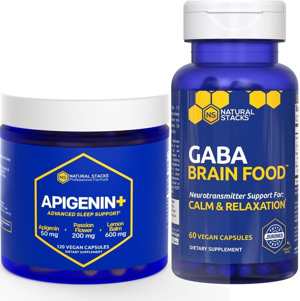 NATURAL STACKS GABA Brain Food + Apigenin Supplement for Sleep Bundle - Podporuje relaxaci a spánek * - 180 Celkem Kapsle