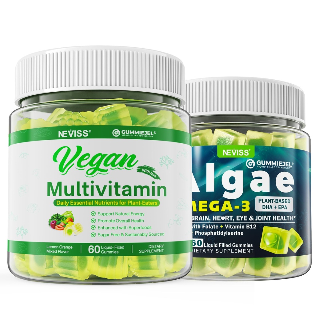 Vegan Omega 3 Gummies 1000mg s Vegan Multivitamin pro ženy s železem, Vitamin B12, A, D3, K2, Řasy Omega 3, hořčík, zinek
